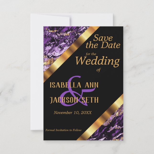 Purple and Gold Marble Wedding Save The Date (Front)