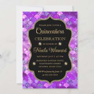 Purple and Gold Mermaid Scales Quinceanera Invitation