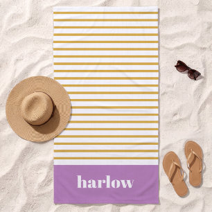 Purple and Gold Modern Stripes Monogrammed Beach Towel