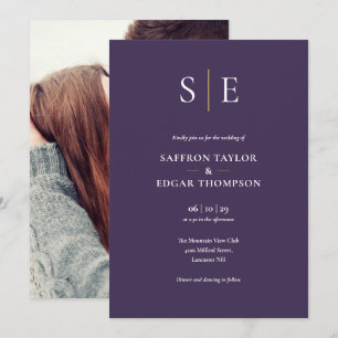 Purple And Gold Monogram Photo Wedding Invitation