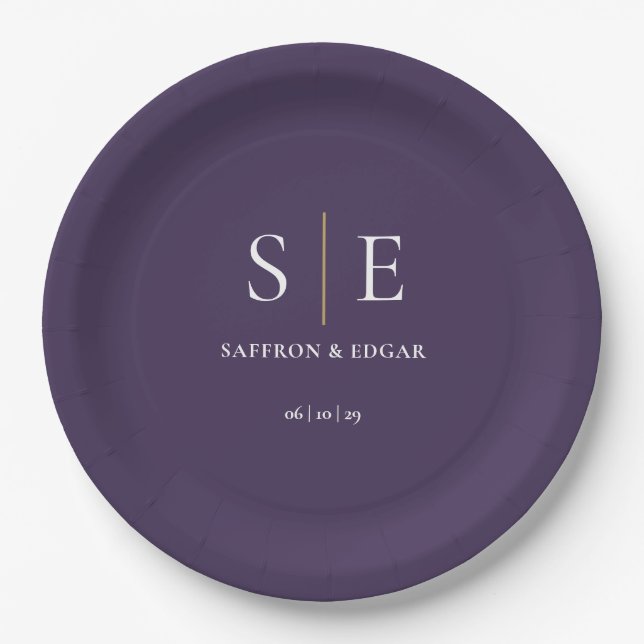 Purple And Gold Monogram Wedding Paper Plate (Front)