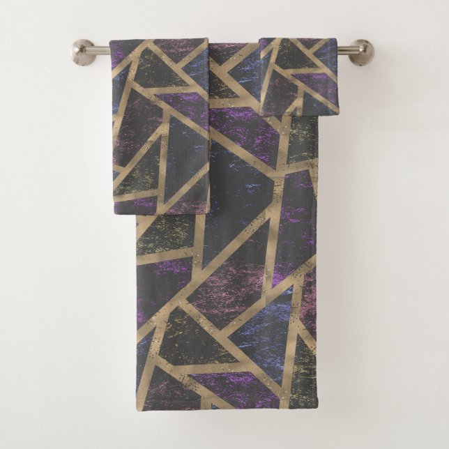 Purple and gold mosaic pattern bath towel set (Insitu)