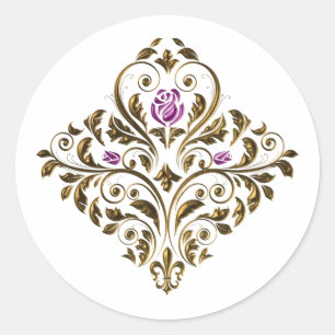 Purple and Gold Ornate Vintage Floral Classic Round Sticker
