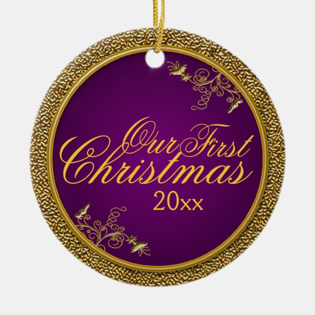 Purple and Gold "Our First Christmas" Ornament (Front)