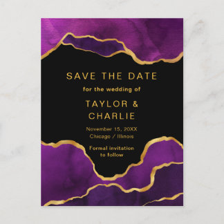Purple and Gold Painted Agate Save the Date Postca Postcard