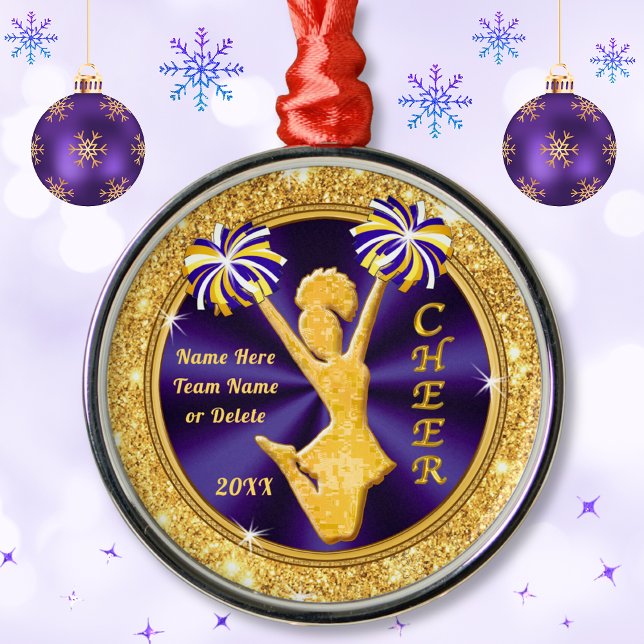 Purple and Gold Personalized Cheer Christmas Gifts Metal Ornament (Cheerleader Christmas Tree Ornaments. Awesome, Personalized Senior Cheer Gifts. Cheerleader gifts.)