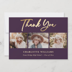 Purple and Gold Photo Collage Graduation Thank You Card