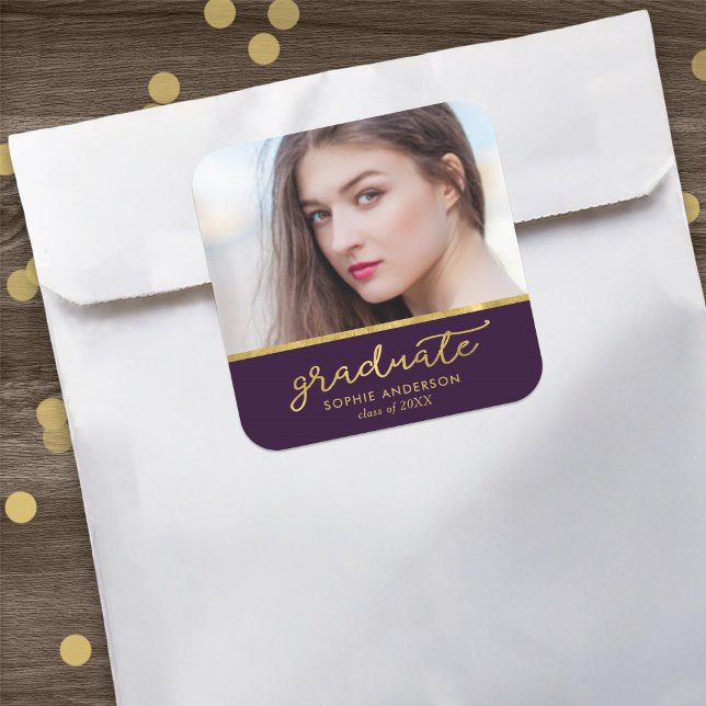 Purple and Gold Photo Graduate Graduation Square Sticker (Creator Uploaded)