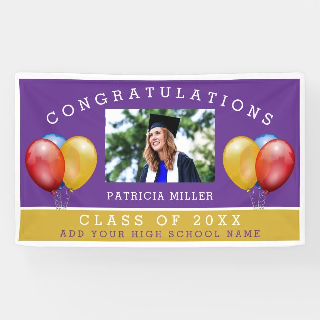 Purple And Gold Photo Graduation Congratulations Banner (Horizontal)