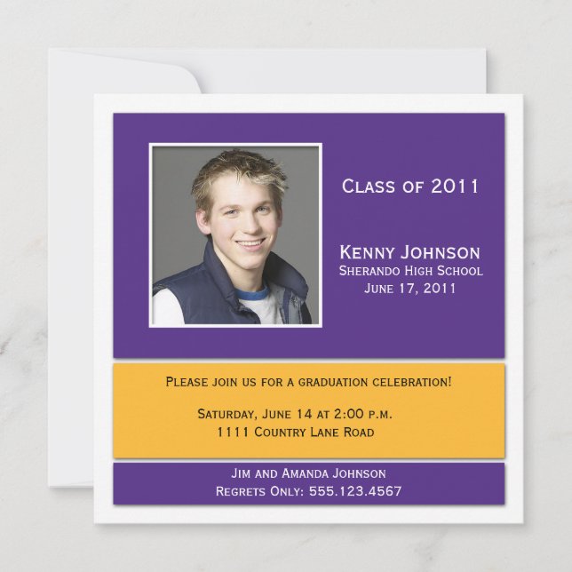 Purple and Gold Photo Graduation Invitation (Front)