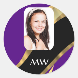 Purple and gold photo template classic round sticker