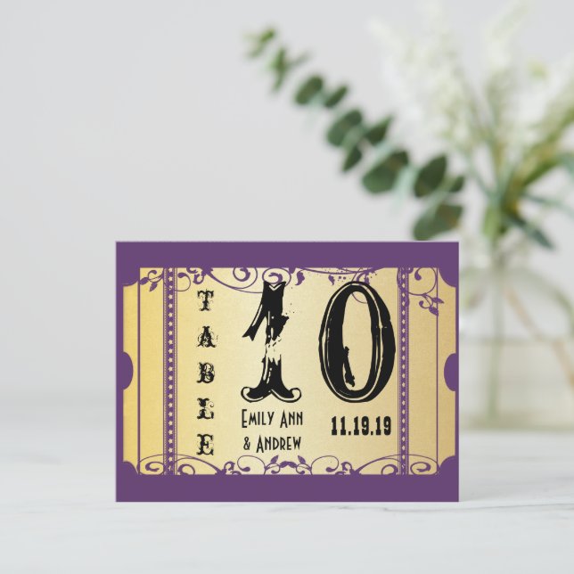 Purple and Gold Playbill Swirls Table Number Postcard (Standing Front)
