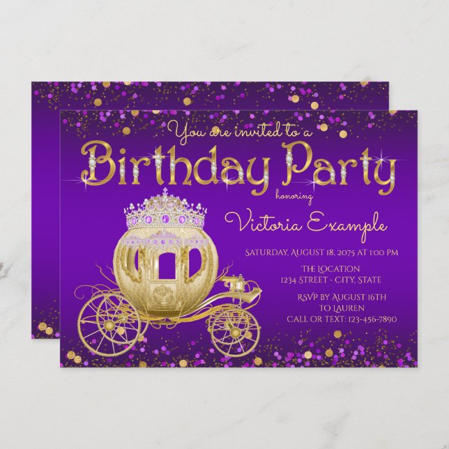 Purple and Gold Princess Birthday Party Invitation (Front/Back)