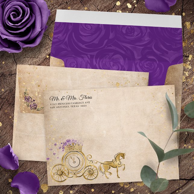 Purple and Gold Princess Carriage Return Address Envelope (Parchment purple and gold horse drawn princess carriage envelopes for an elegant fairy tale touch.)