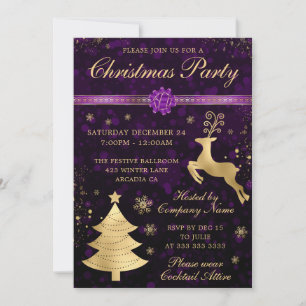 Purple and Gold Reindeer and Tree Christmas Party Invitation