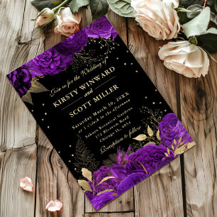 Purple and Gold Roses Border Floral Wedding Invitation