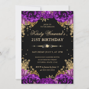 Purple and Gold Roses Floral 21st Birthday Invitation