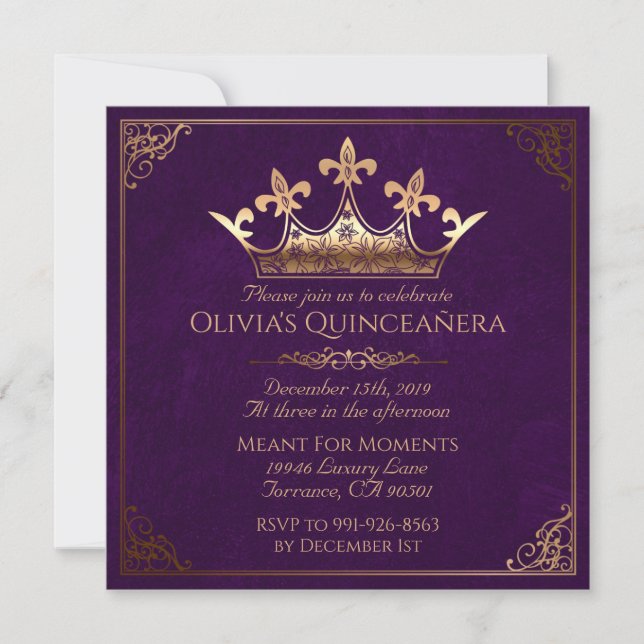 Purple and Gold Royal Quinceanera Invitation (Front)