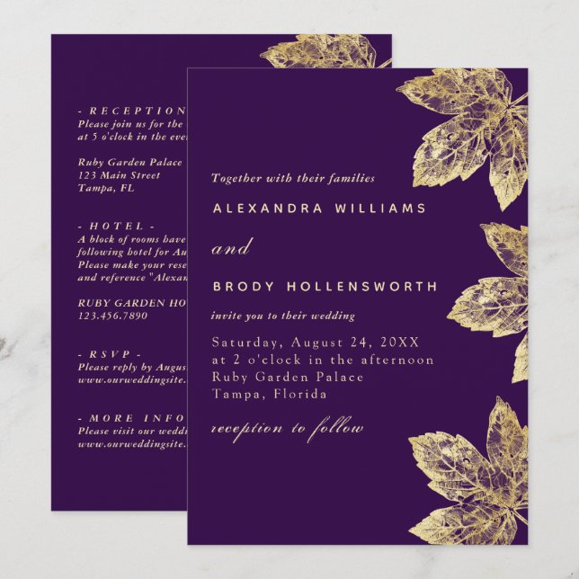 Purple And Gold Rustic Leaf All In One Wedding Invitation (Front/Back)