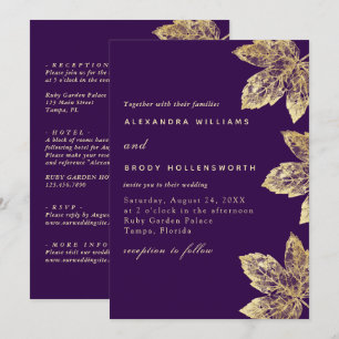 Purple And Gold Rustic Leaf All In One Wedding Invitation