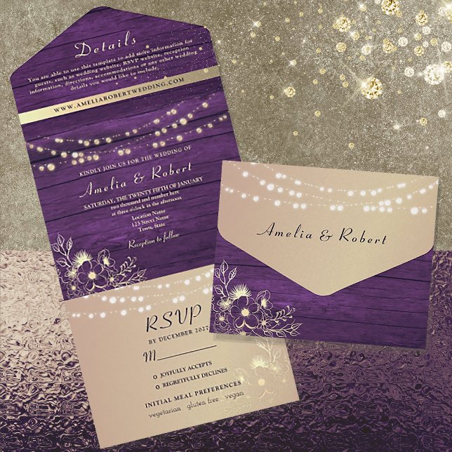 Purple and Gold Rustic String Lights Wedding All In One Invitation (Creator Uploaded)