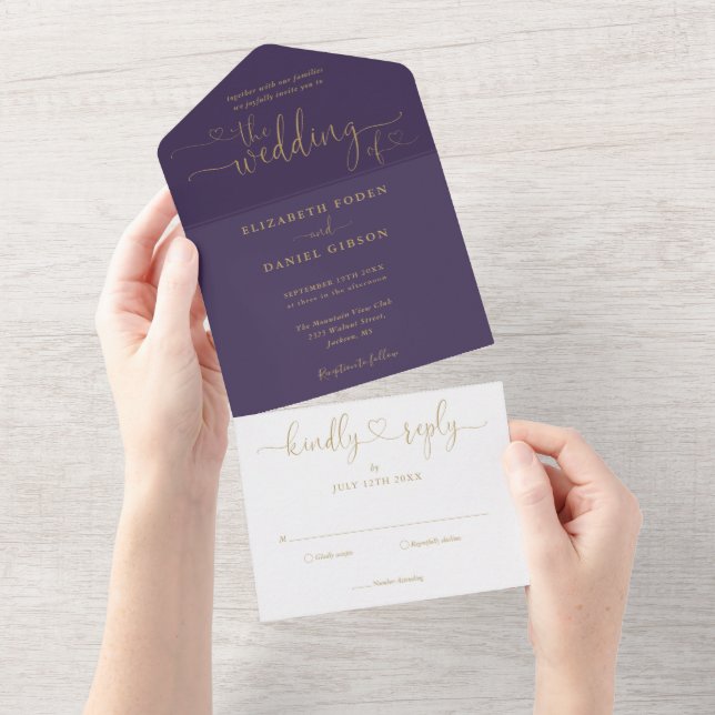Purple And Gold Script Hearts Minimalist Wedding All In One Invitation (Tearaway)