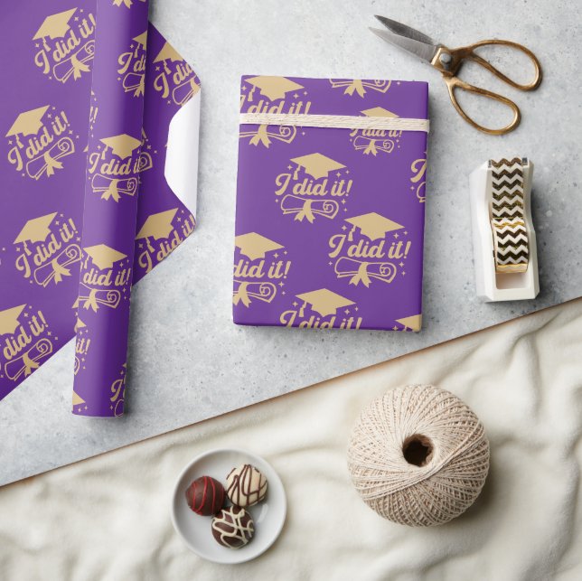 Purple and Gold script  I did it Graduation Wrapping Paper (Crafts)