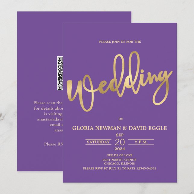 Purple and Gold Scripture QR Code Wedding  Invitation (Front/Back)