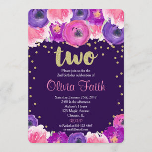 purple and gold second birthday invitation