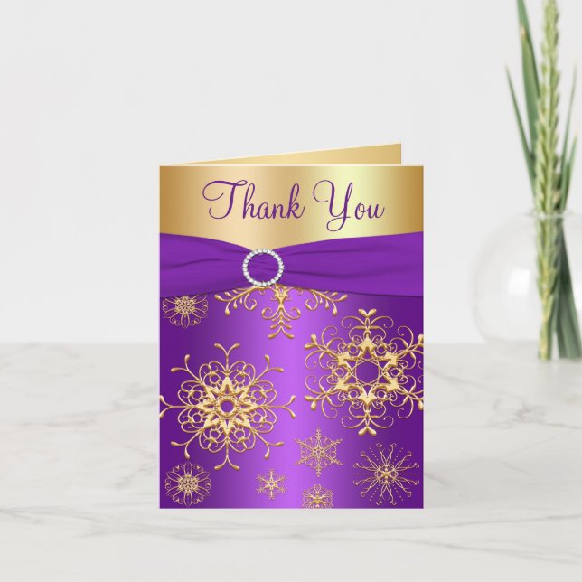 Purple and Gold Snowflakes Thank You Card (Front)