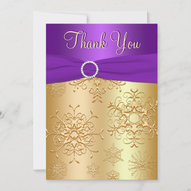 Purple and Gold Snowflakes Thank You Card (Front)