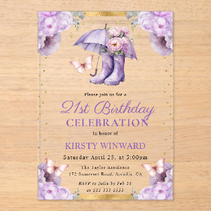 Purple and Gold Spring Umbrella 21st Birthday Acrylic Invitations