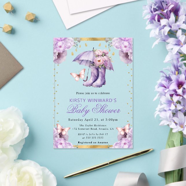 Purple and Gold Spring Umbrella Baby Shower Acrylic Invitations (Insitu (Wedding))