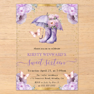 Purple and Gold Spring Umbrella Sweet 16 Acrylic Invitations