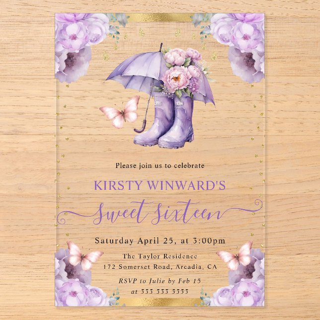 Purple and Gold Spring Umbrella Sweet 16 Acrylic Invitations (Front)