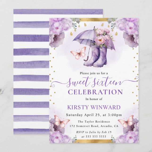 Purple and Gold Spring Umbrella Sweet 16 Invitation (Front/Back)