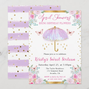 Purple and Gold Spring Umbrella Sweet Sixteen Invitation