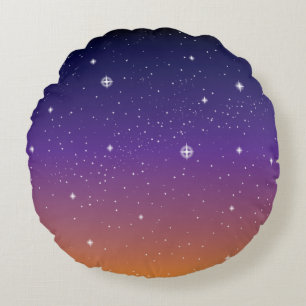 Purple and Gold Starry Sunset Sky Round Pillow