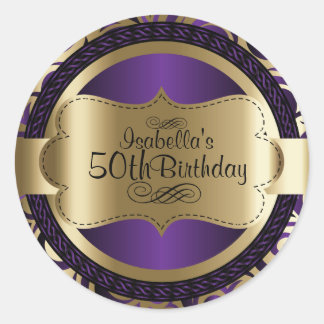 Purple and Gold Swirl Abstract 00th Birthday Classic Round Sticker