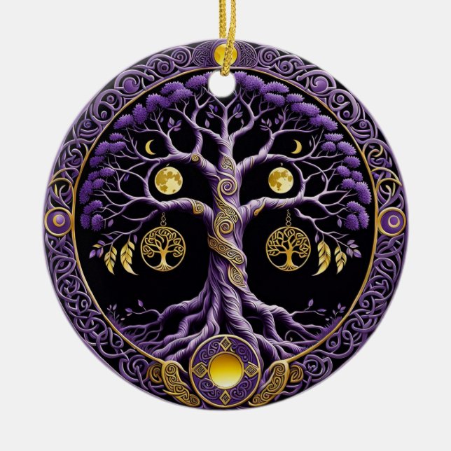 Purple and Gold Tree of Life Mandala Ceramic Ornament (Front)