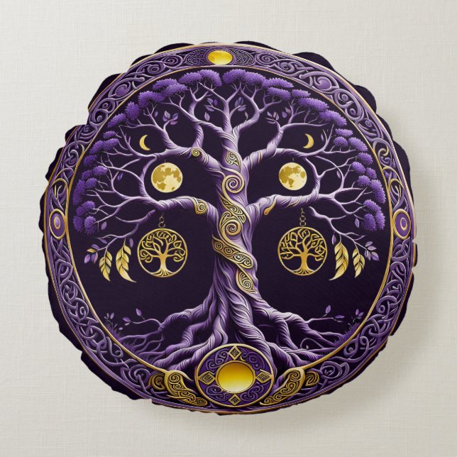 Purple and Gold Tree of Life Mandala Round Pillow (Front)