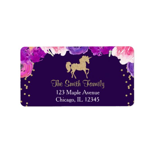 purple and gold unicorn return address labels