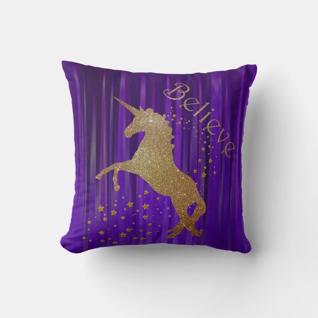Purple and Gold Unicorn Throw Pillow (Front)