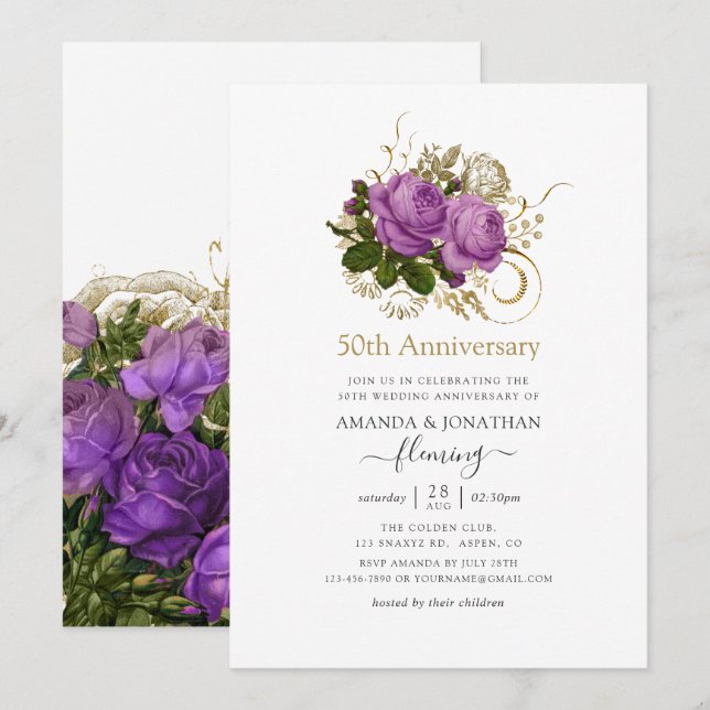 Purple and Gold Vintage 50th Wedding Anniversary Invitation (Front/Back)