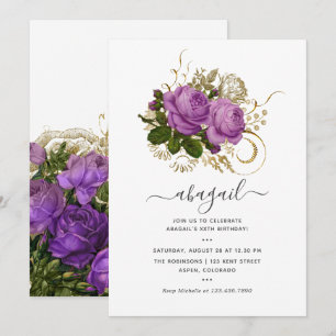 Purple and Gold Vintage Chic Floral Birthday Party Invitation