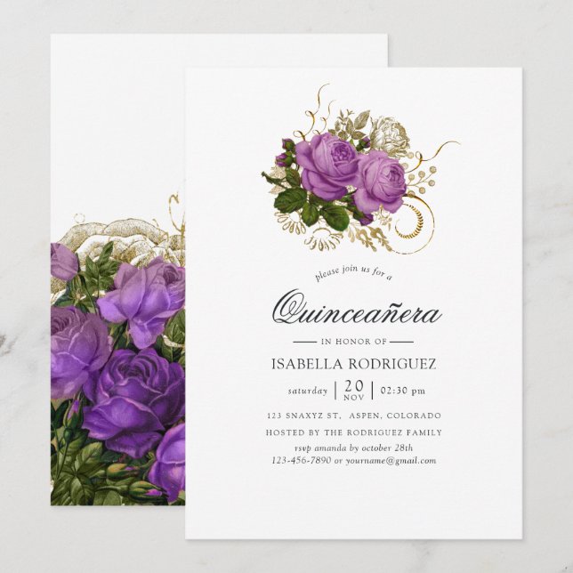 Purple and Gold Vintage Chic Quinceañera Invitation (Front/Back)