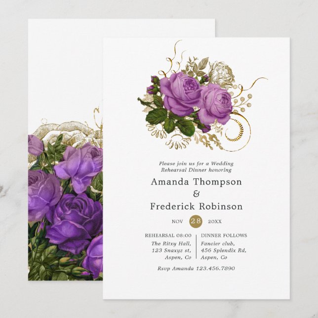 Purple and Gold Vintage Chic Rehearsal Dinner Invitation (Front/Back)