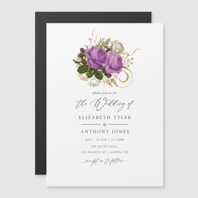 Purple and Gold Vintage Chic Wedding Magnetic Invitation (Front/Back)