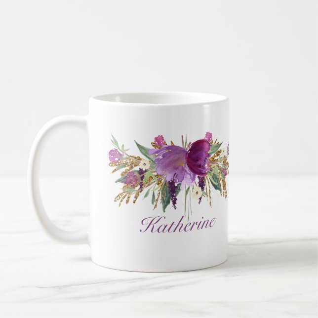 Purple and Gold Watercolor Flowers Coffee Mug (Left)