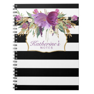 Purple and Gold Watercolor Flowers Notebook